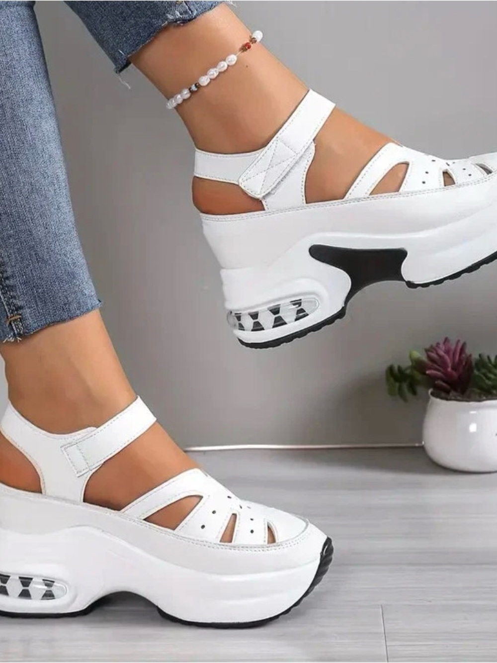 Women’s White Platform Sandal Sneakers with Ankle Strap